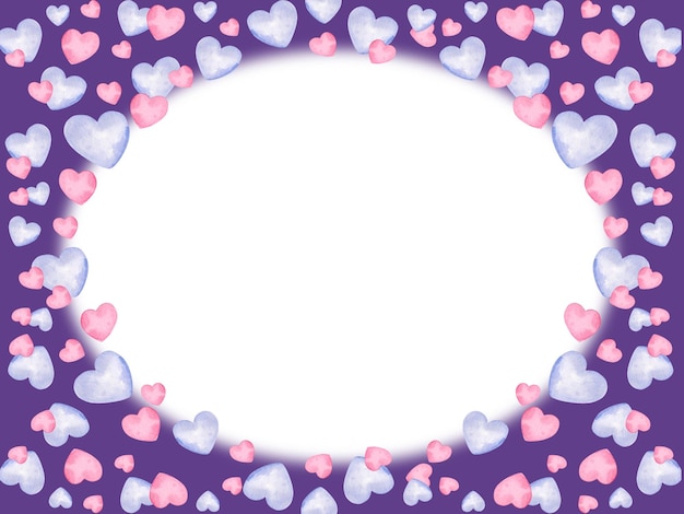 Cuadro horizontal blanco de acuarela con corazón para el tema del Día de San Valentín dibujo a mano ilustración de la corona de color rosa y lila borde en fondo violeta