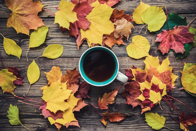 Cuadro horizontal con hojas coloridas de otoño y una taza de té