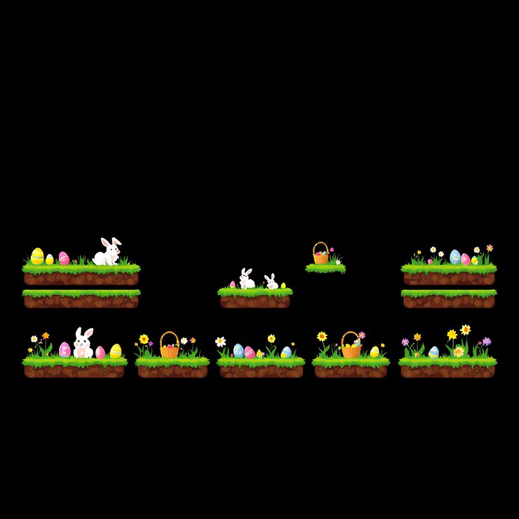 Foto cuadro huevos conejos cestas flores huevos coloridos están ocultos en la hierba conejos saltan alrededor de la canasta