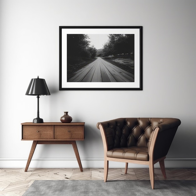 Cuadro de imagen de retrato de mesa de café colgado en la pared en blanco