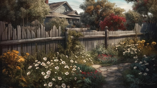 Un cuadro de un jardín con flores y una valla al fondo.