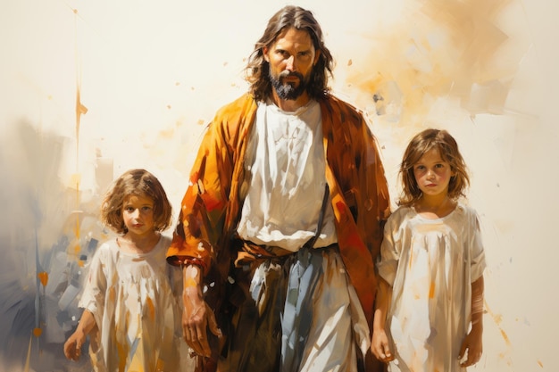 Un cuadro de Jesús caminando con dos niños Imagen digital