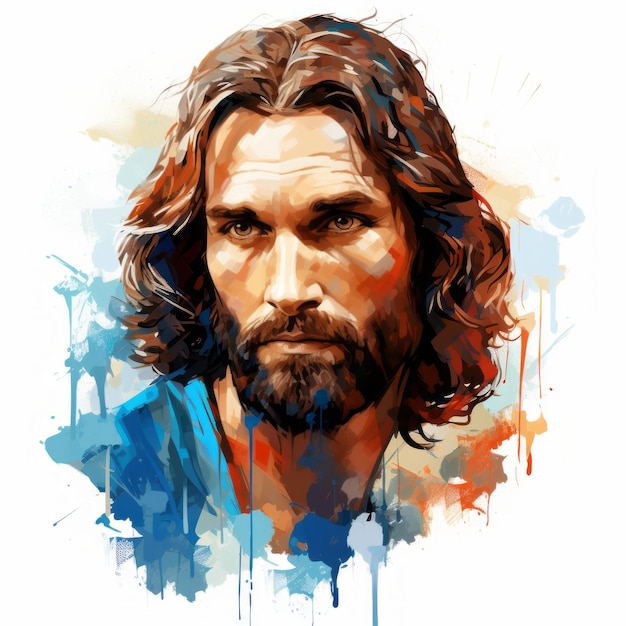 un cuadro de jesús con el pelo largo y una camisa azul