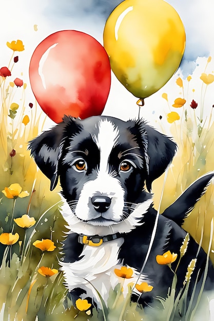 Cuadro de un lindo perro con globos al lado.