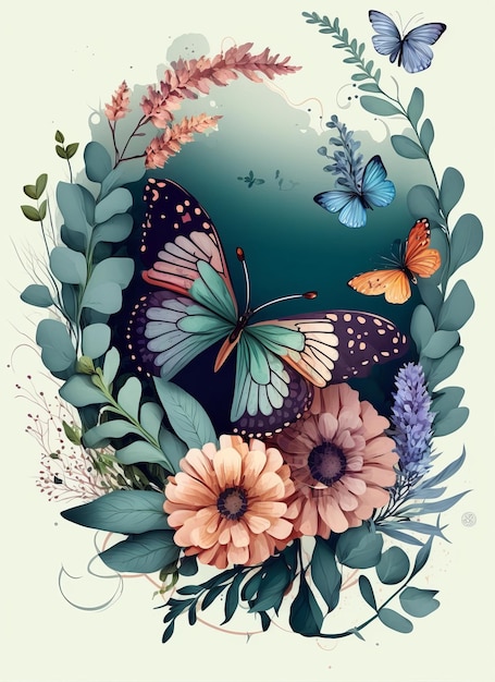 Un cuadro de mariposas y flores con fondo verde.