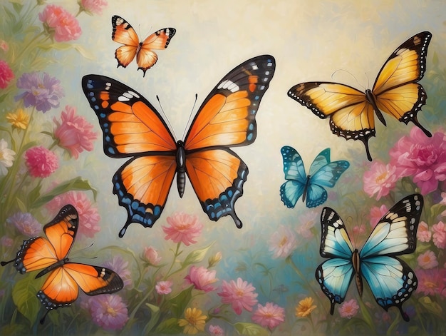 un cuadro de mariposas volando sobre un campo de flores y flores al fondo