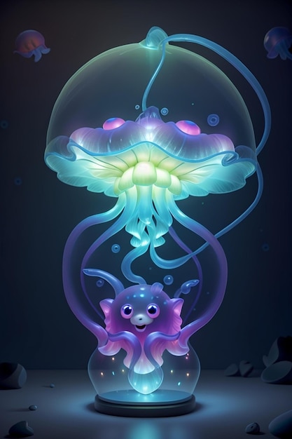 Foto un cuadro de una medusa con un pulpo morado en el fondo.