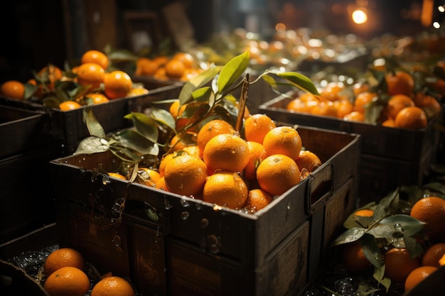 Un cuadro de mercado de abundante cosecha de mandarinas escena de mercado con montones de mandarinas frescas