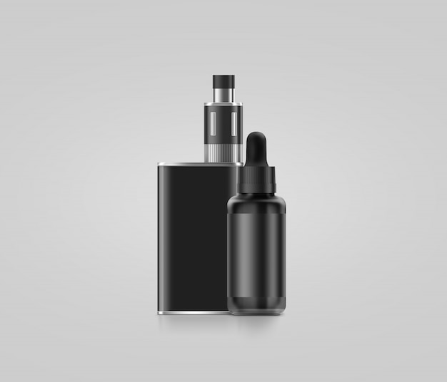 Cuadro de mod de vape negro en blanco con botella de jugo aislado