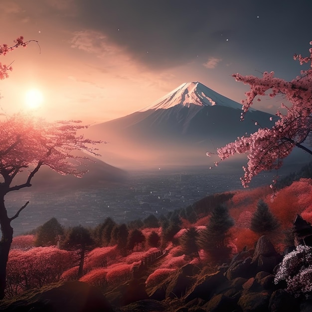 Un cuadro de una montaña con flores rosas y una montaña al fondo