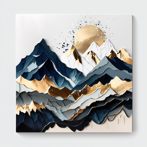Un cuadro de montañas con un diseño azul y dorado.
