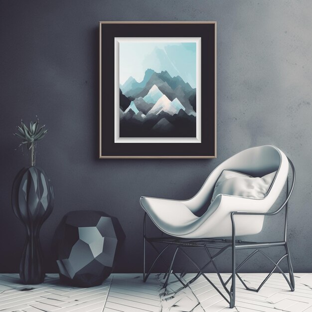 Un cuadro de montañas está colgado en una pared.