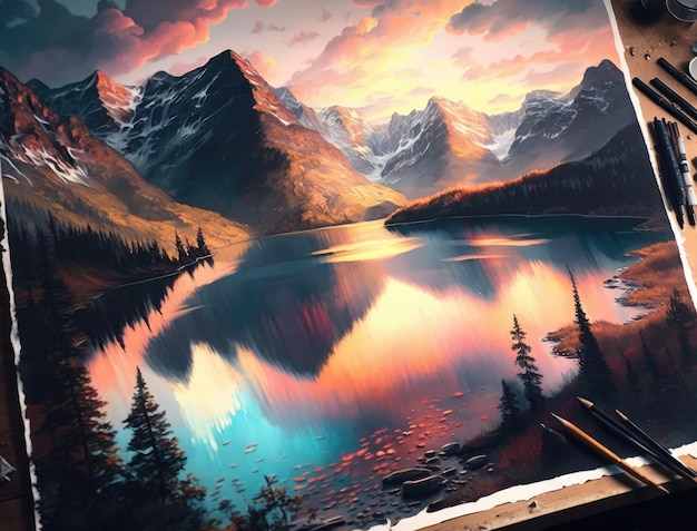 Un cuadro de montañas y un lago con un atardecer generativo ai