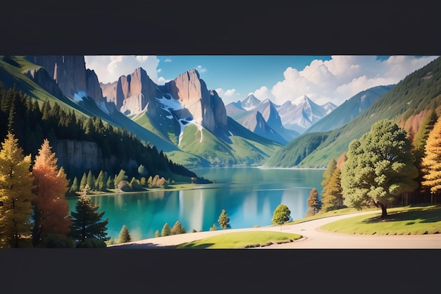 Un cuadro de montañas y un lago con una montaña al fondo.