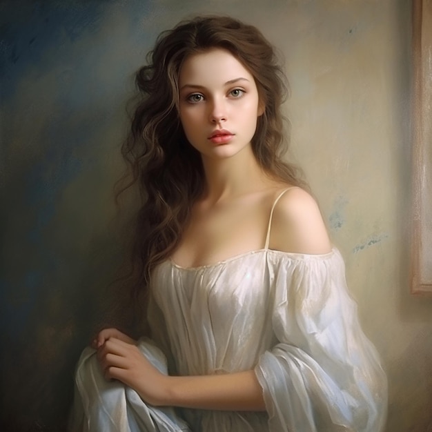 un cuadro de una mujer con cabello largo y un vestido blanco