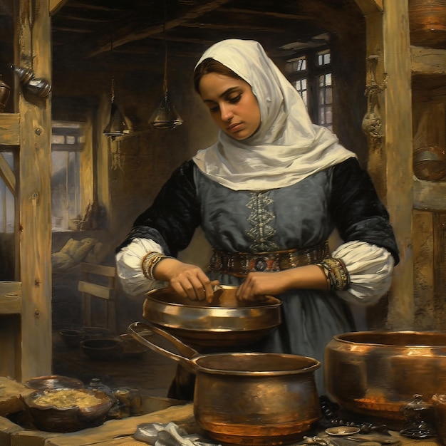 un cuadro de una mujer cocinando en una cabaña de madera