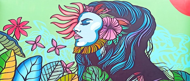 Un cuadro de una mujer con flores en el pelo.