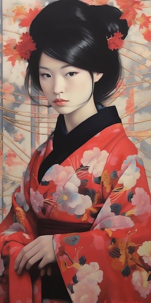 Un cuadro de una mujer con kimono.