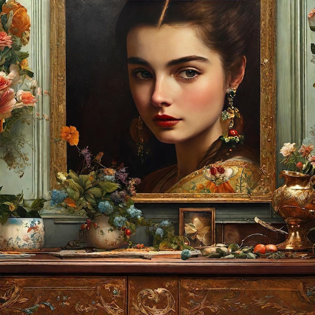 un cuadro de una mujer con labios rojos y un jarrón de flores.