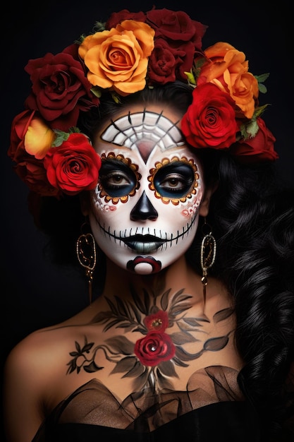 un cuadro mujer con rosa Dia de Muertos