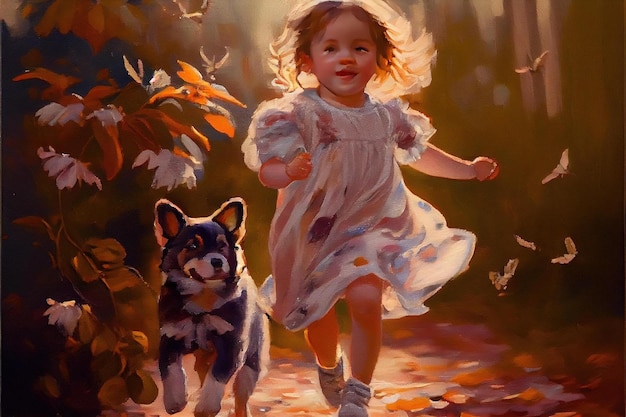 Foto un cuadro de una niña corriendo con un perro.