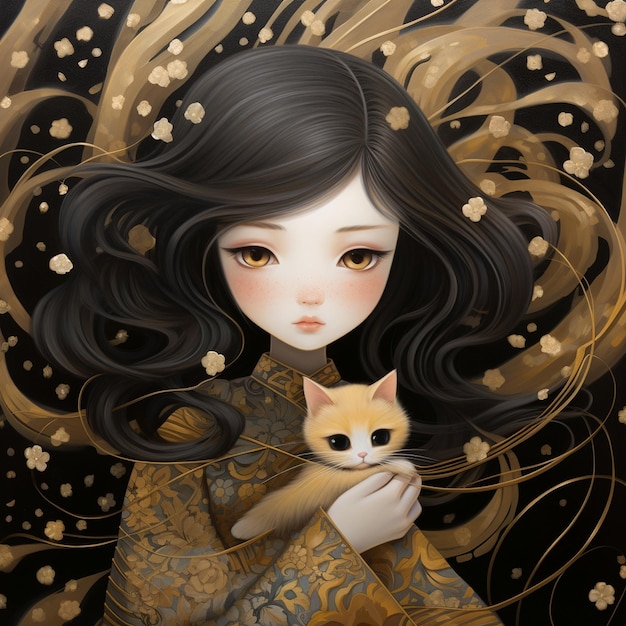 un cuadro de una niña con un gato y una cinta dorada.