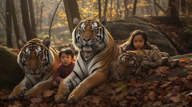 Foto un cuadro de una niña y un tigre en el bosque