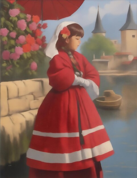 un cuadro de una niña con un vestido rojo con flores de fondo.