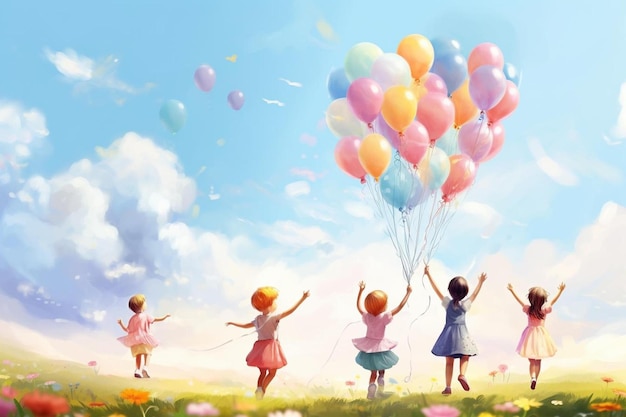 Un cuadro de niñas con globos y las palabras feliz cumpleaños.