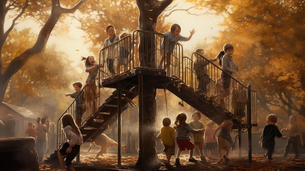 un cuadro de niños jugando en un parque con una escalera que dice "los niños"