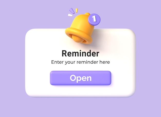 Foto cuadro de notificación 3d con campana amarilla y botón abierto en estilo de dibujos animados concepto de recordatorio o ilustración de evento de planificación empresarial aislado en fondo púrpura renderización 3d