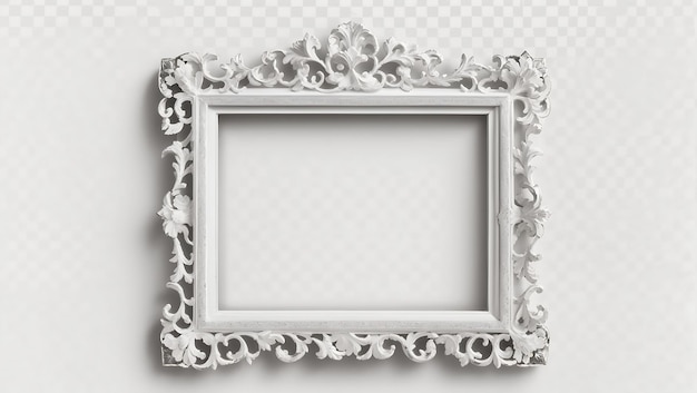 cuadro o marco fotográfico antiguo adornado blanco aislado sobre un fondo transparente