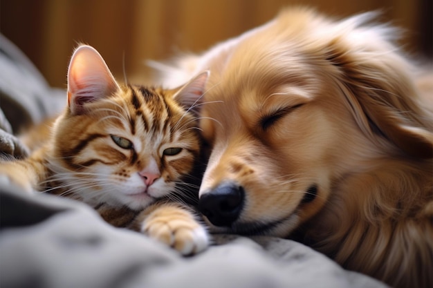 Un cuadro pacífico, un gato y un perro disfrutan de una siesta armoniosa que fomenta una adorable compañía.