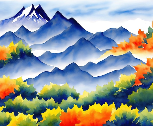 cuadro de paisaje de montaña con montañas y bosque