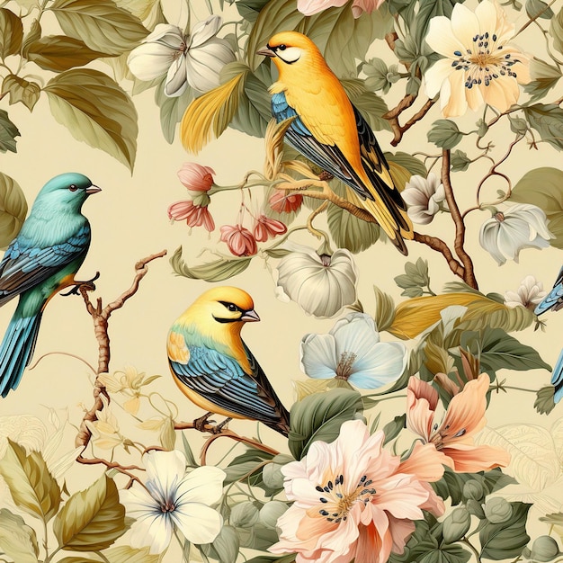 un cuadro de pájaros en flores con un pájaro en la parte superior.
