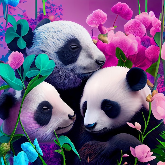 Un cuadro de pandas en un jardín con flores y fondo rosa.