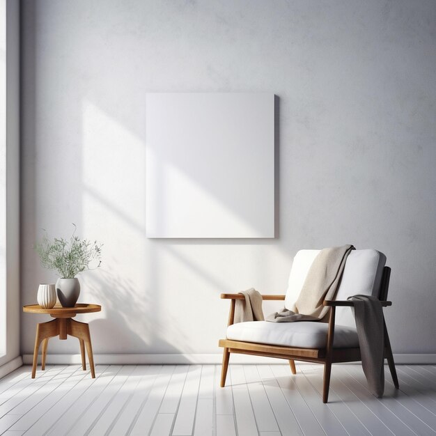 un cuadro en una pared con una silla y una mesa con una planta