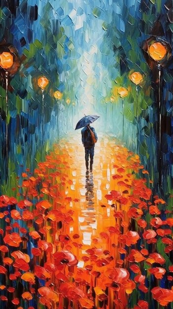 Cuadro de una pareja paseando en un campo de flores con un paraguas ai generativo