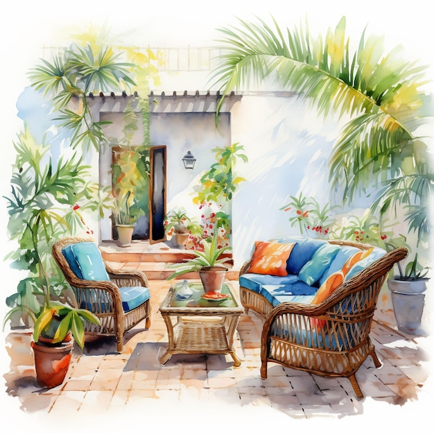 un cuadro de un patio con una palmera y una mesa de patio