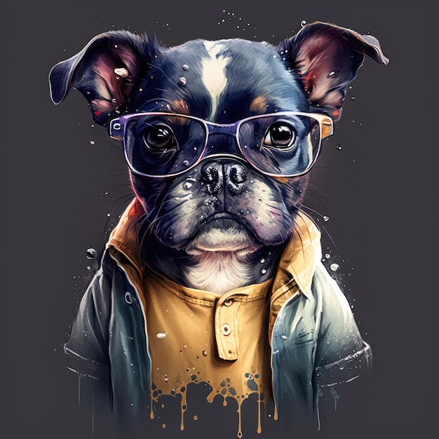 Un cuadro de un perro con camiseta y gafas.