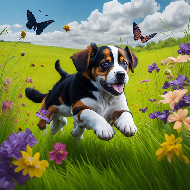 Un cuadro de un perro corriendo por un campo de flores con un cielo azul de fondo.