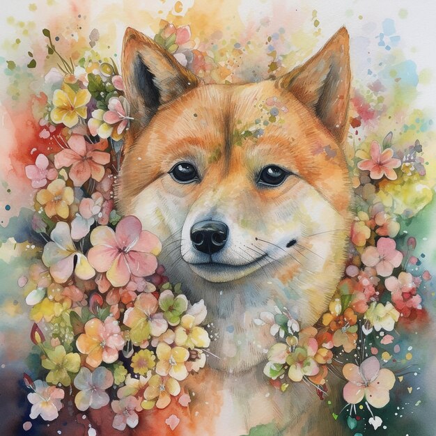 Un cuadro de un perro con flores.