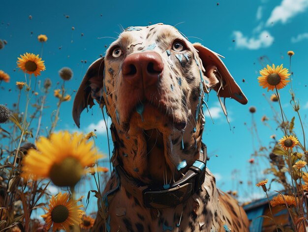 cuadro perro con flores