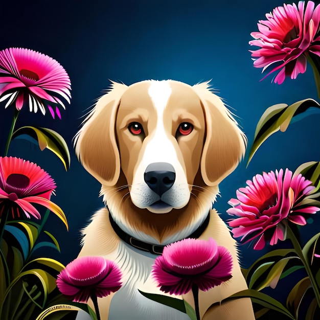 Un cuadro de un perro con fondo azul y flores rosas.