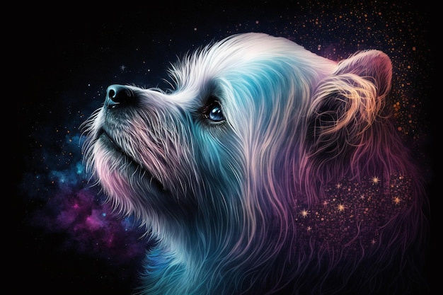 cuadro de un perro con un fondo colorido y estrellas ai generativo