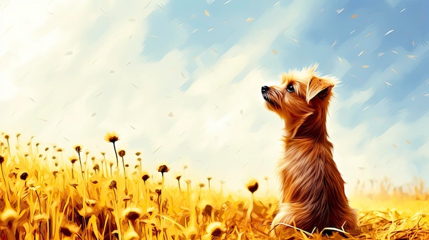 Un cuadro de un perro mirando al cielo.
