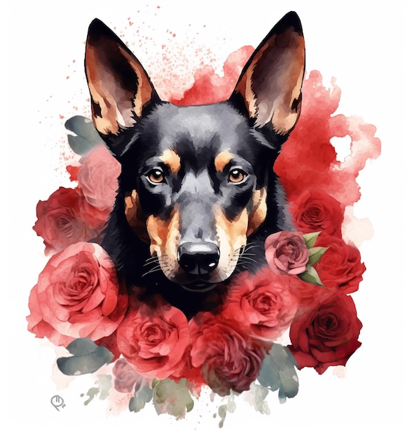 Un cuadro de un perro con rosas rojas