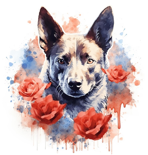 Un cuadro de un perro con rosas rojas