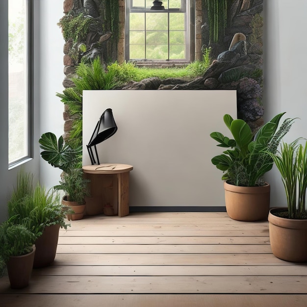 Un cuadro de plantas y una lámpara en una habitación con ventana.