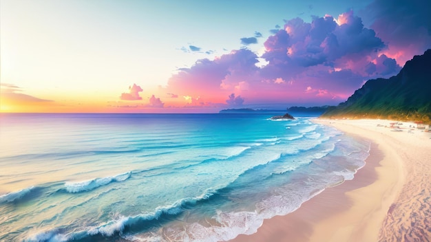 Un cuadro de una playa con un atardecer de fondo.